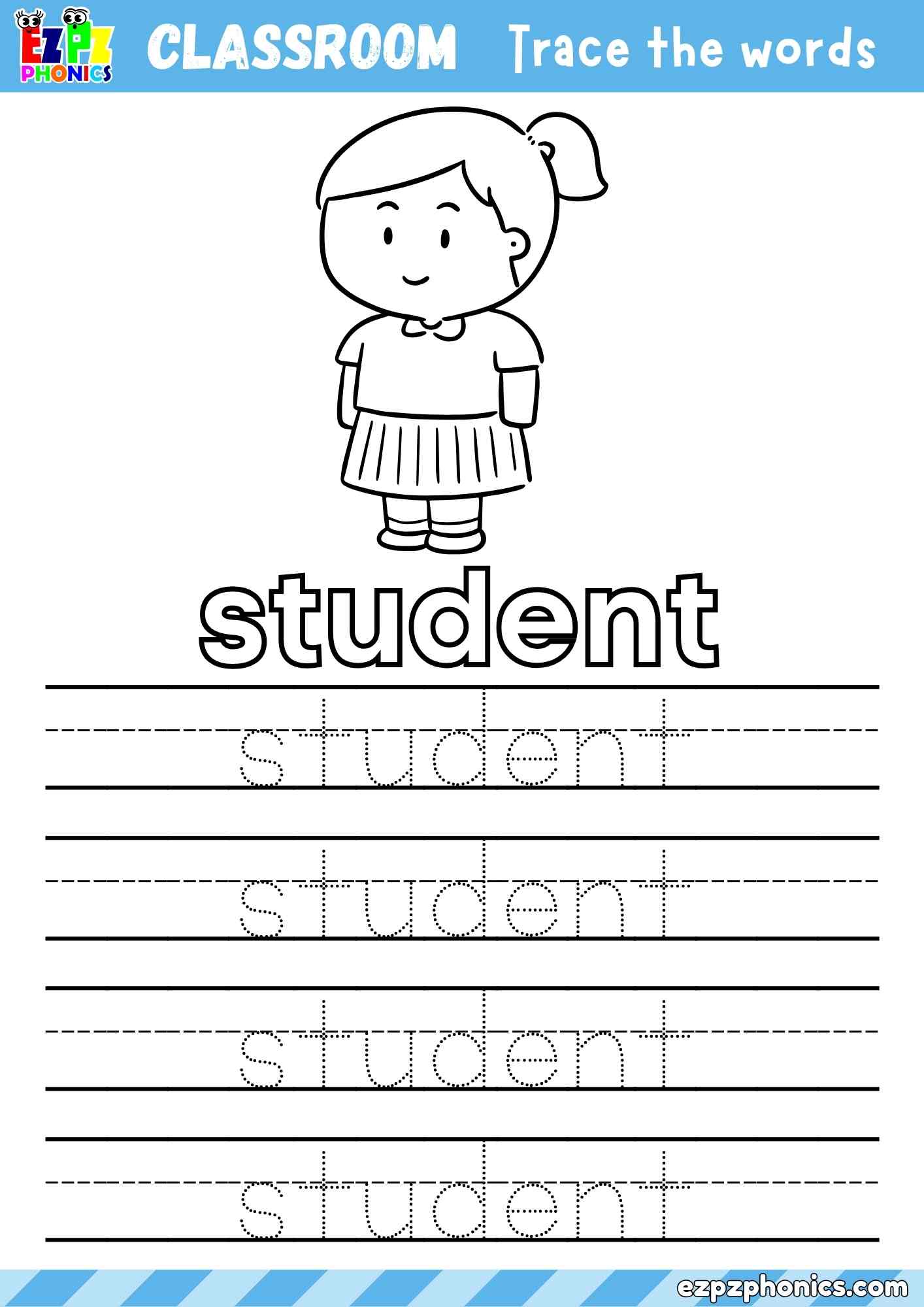 Student - Classroom Objects Vocabulary Word Tracing Activity - Color the Student and Trace the Word Student (Free PDF Download)